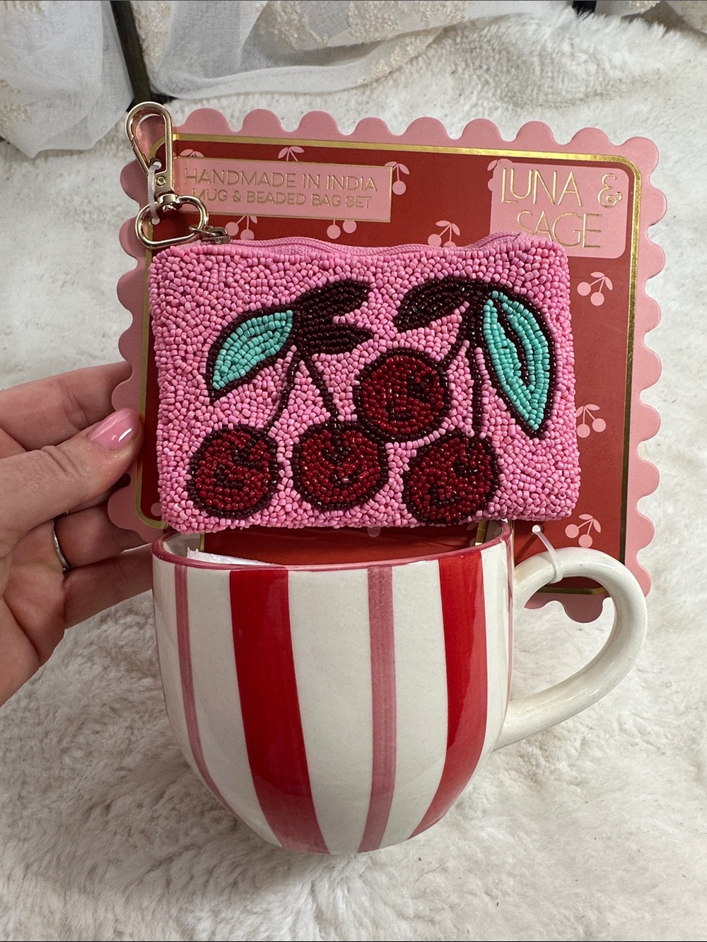 Luna & Sage mug and beaded 🍒 bag set